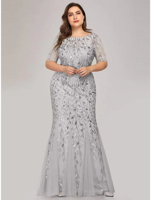 Mermaid / Trumpet Party Wear Formal Evening Dress Jewel Neck Short Sleeve Floor Length Tulle with Embroidery / Illusion Sleeve