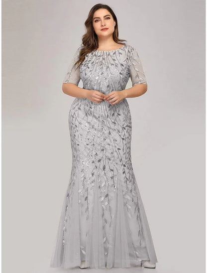Mermaid / Trumpet Party Wear Formal Evening Dress Jewel Neck Short Sleeve Floor Length Tulle with Embroidery / Illusion Sleeve