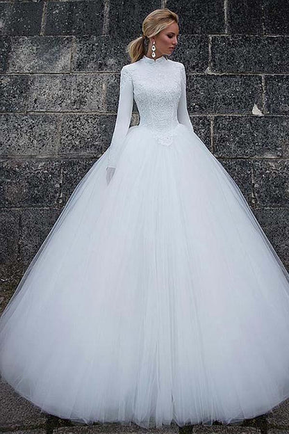 Vintage Satin High Collar Natural Waistline Ball Gown Wedding Dress