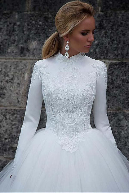 Vintage Satin High Collar Natural Waistline Ball Gown Wedding Dress