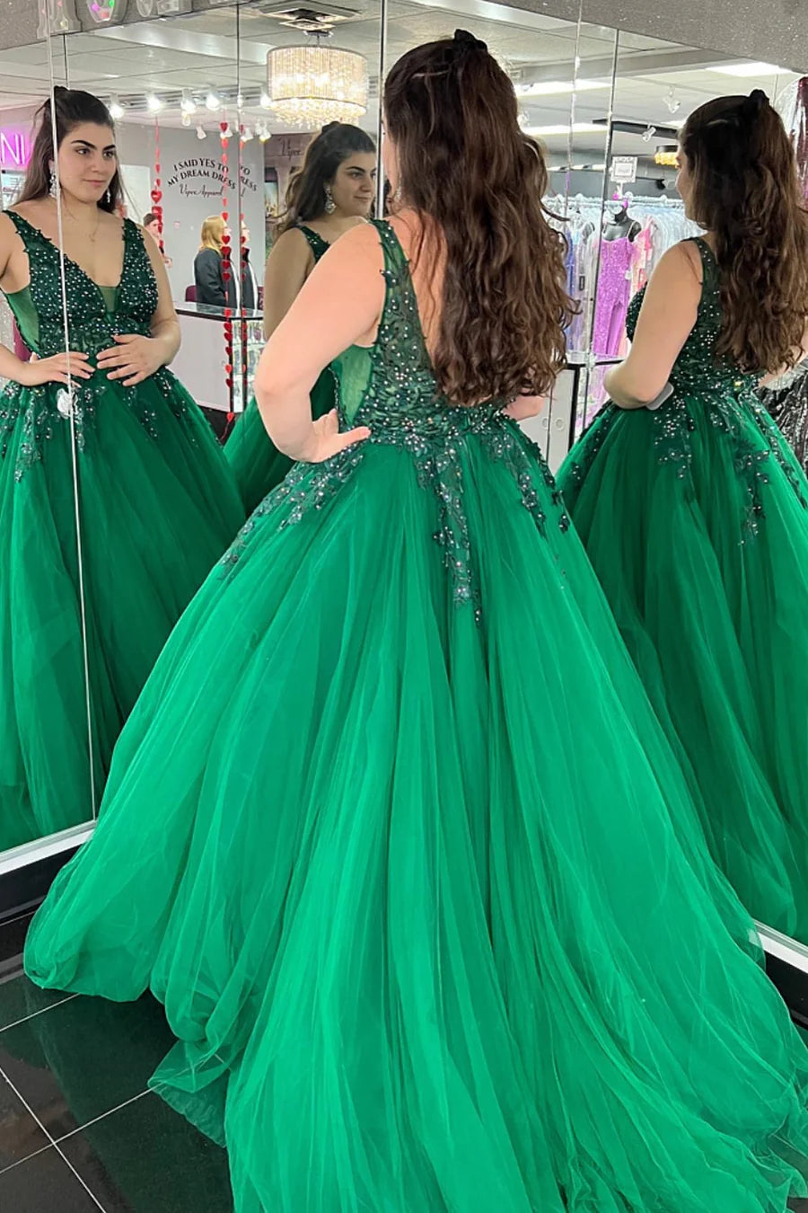 Tulle Appliques Backless A-Line Long Prom Dress