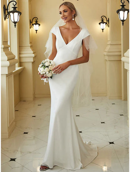 Mermaid / Trumpet V Neck Cap Sleeve Sweep / Brush Train Stretch Fabric Bridal Gowns With Draping Solid Color Wedding Dresses&Bridal Dresses