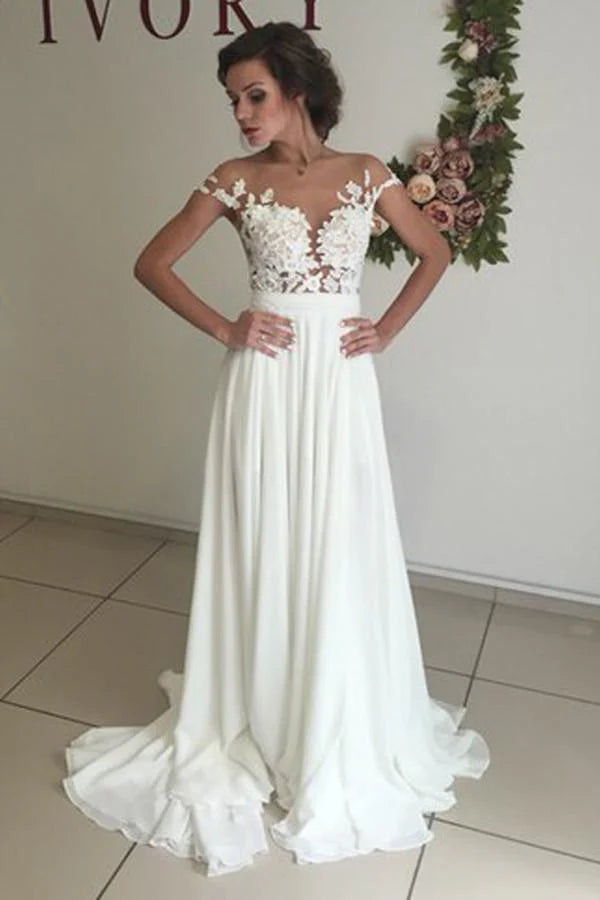 V-neck Cap Sleeves Sweep Train  Wedding Dress with Appliques