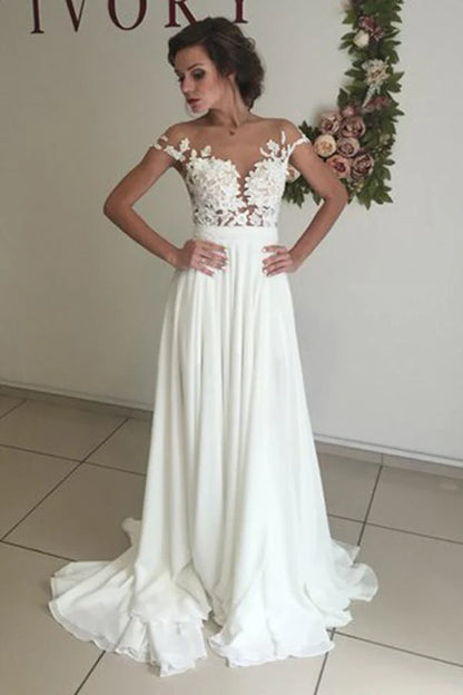 V-neck Cap Sleeves Sweep Train  Wedding Dress with Appliques