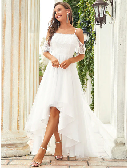 Reception Little White Dresses Boho Wedding Dresses A-Line Off Shoulder Short Sleeve Asymmetrical Lace Bridal Gowns With Lace Draping Bridal Dresses