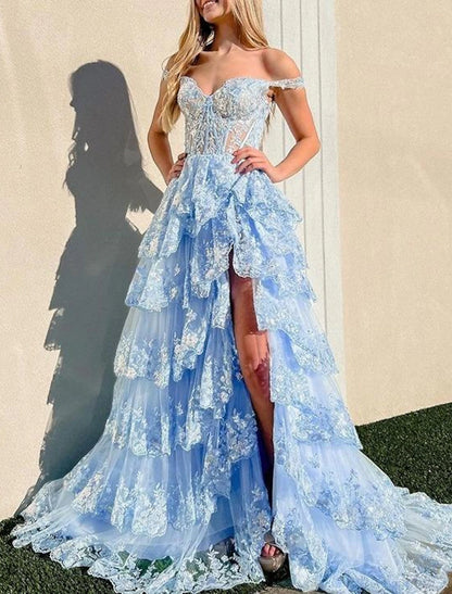 Sheath Mermaid Prom Dresses Corsets Dress Evening Party Court Train Sleeveless Off Shoulder Appliques with Sequin Slit