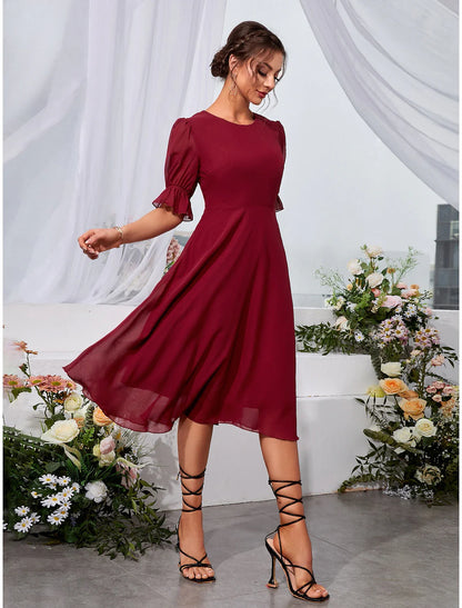 A-Line Wedding Guest Dresses Elegant Dress Knee Length Holiday Tea Length Half Sleeve&nbsp; Chiffon with Fringe