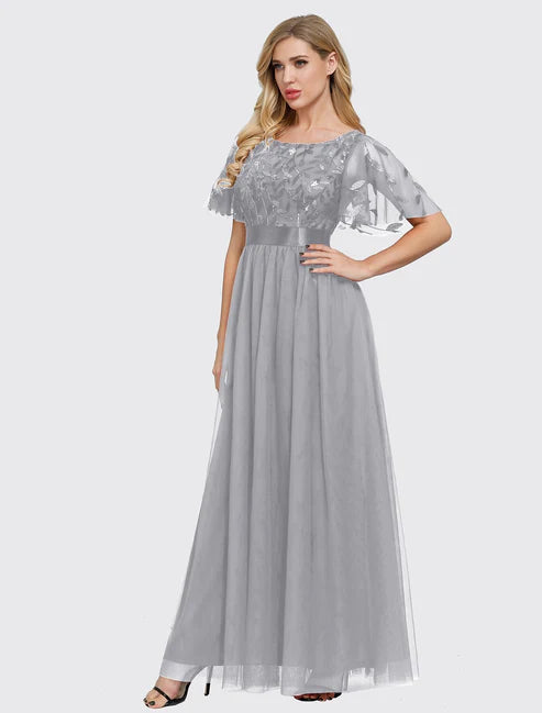 A-Line  Elegant Party Wear Prom Dress Jewel Neck Short Sleeve Floor Length Tulle with Embroidery / Illusion Sleeve