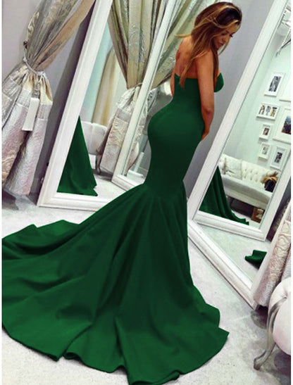 Sheath Mermaid Sleeveless Party Dress Sexy  Dress Strapless  Court Train Stretch Fabric with Pleats