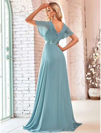 A-Line Evening Gown Empire Dress Wedding Guest Formal Evening Floor Length Short Sleeve V Neck Bridesmaid Dress Chiffon V Back with Ruffles Solid Color