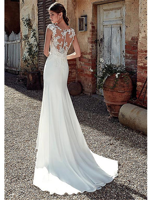 Formal Charming  Open Back Wedding Dresses Mermaid / Trumpet Illusion Neck Cap Sleeve Court Train Chiffon Bridal Gowns With Appliques