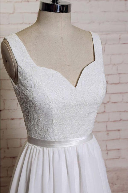 A-line Straps Court Train Chiffon Appliques Backless Wedding Dresses