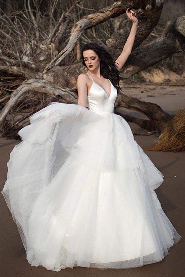 Classic Straps V Neck Ivory Long Bridal Gown Wedding Dresses