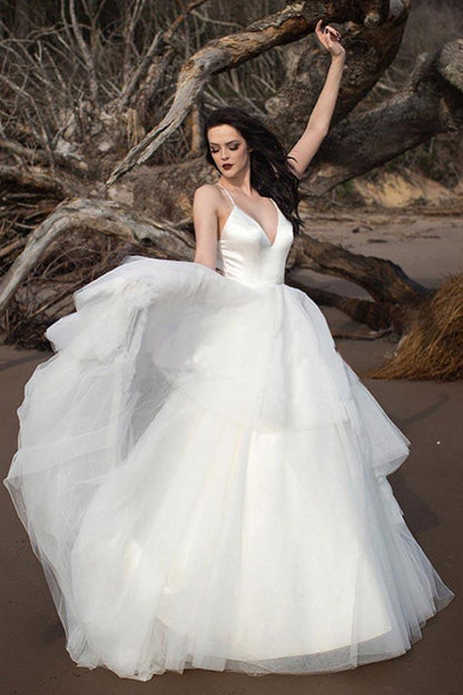 Classic Straps V Neck Ivory Long Bridal Gown Wedding Dresses