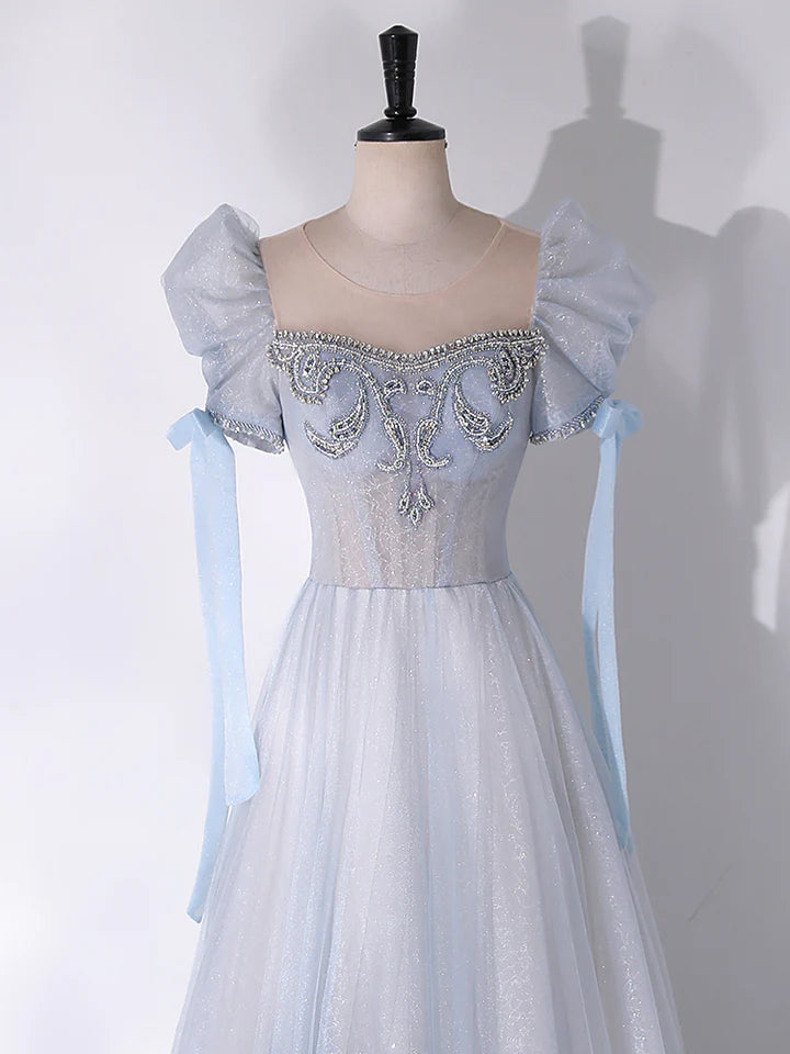 Fashion A-Line Prom Dress Scoop Neckline Elegant Tulle Bead string Fantastic Long Dress