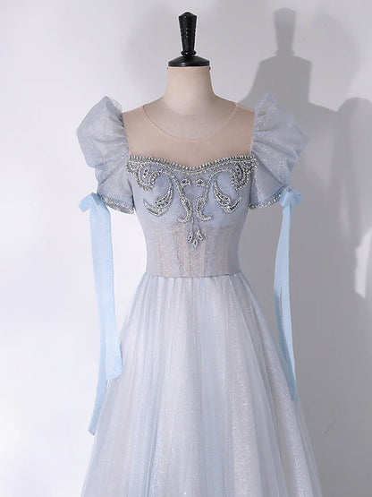 Fashion A-Line Prom Dress Scoop Neckline Elegant Tulle Bead string Fantastic Long Dress