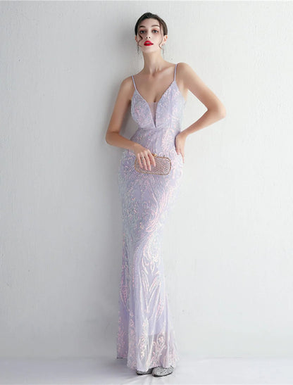 Mermaid / Trumpet Evening Gown Sparkle & Shine Dress Formal Floor Length Sleeveless Spaghetti Strap Sequined with Sequin