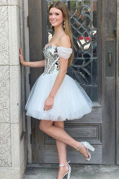 Off-the-Shoulder Short Party Dress with Cut Glass Mirrors
