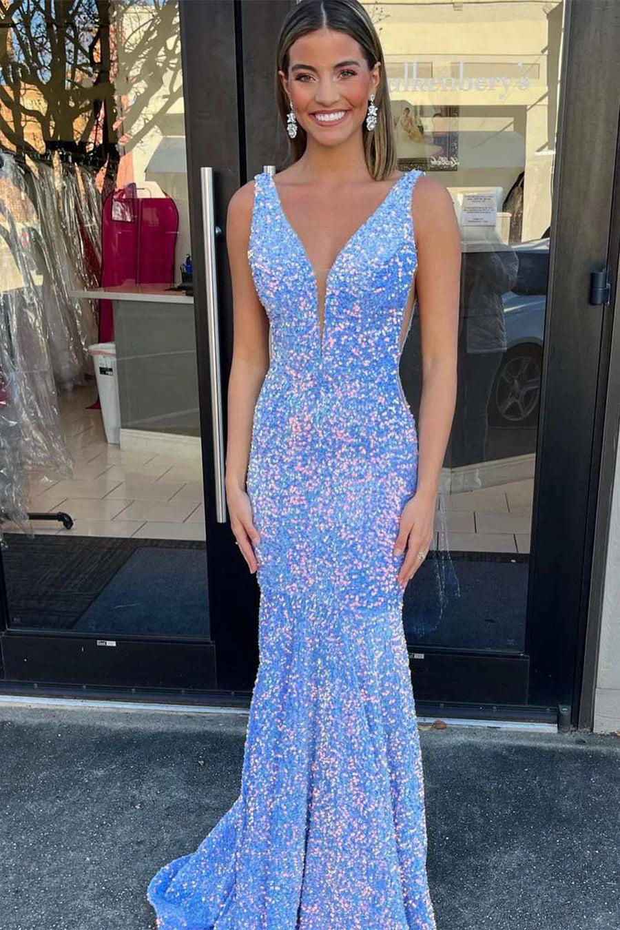 Sequin Plunge V Mermaid Long Formal Dress