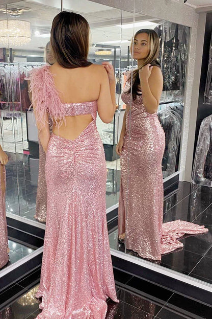 One-Shoulder Sequin Feathers Cutout Mermaid Long Prom Dress