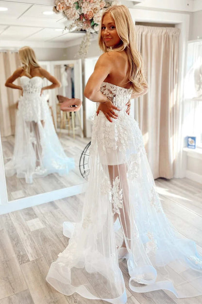 Sheer Mesh 3D Floral Lace Strapless A-Line Prom Dress