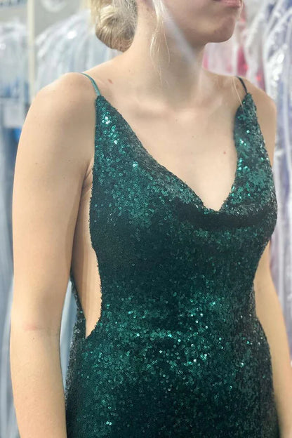 Sequin Cowl Neck Backless Long Formal Dress