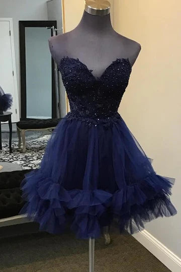 Off-the-Shoulder Strapless Applique Tulle Ruffle Homecoming Dresses