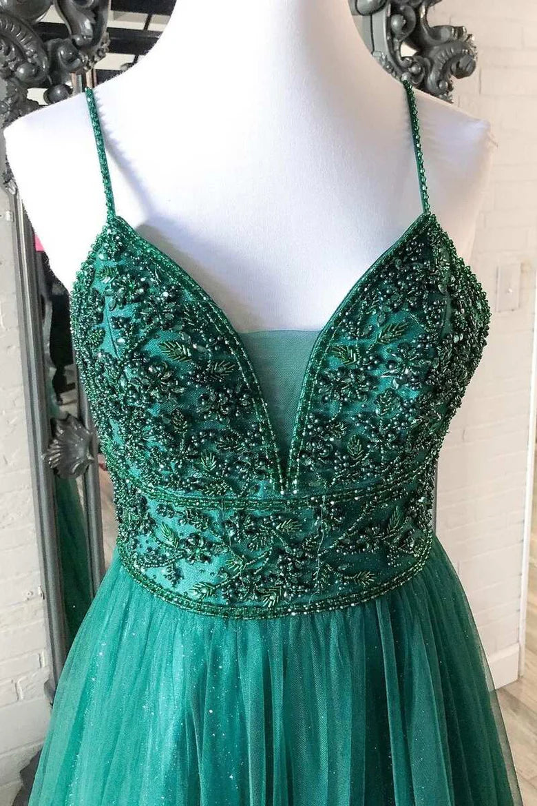 Beaded Lace-Up A-Line Prom Dress