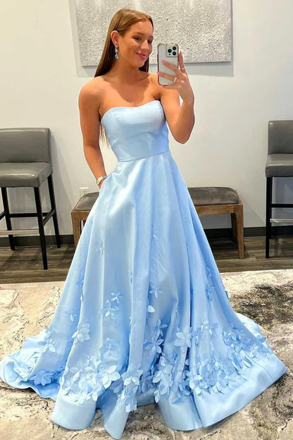 3D Flower  Strapless A-Line Prom Dress