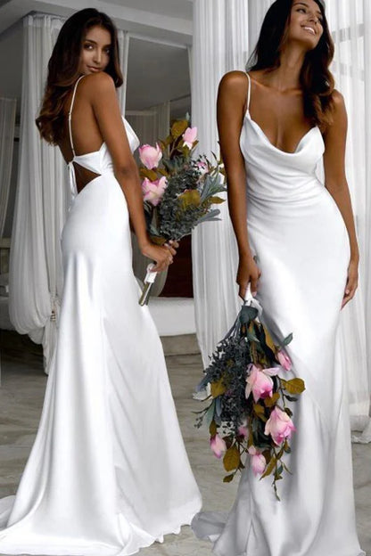 Mermaid Spaghetti Straps Backless Court Train White Wedding Dress