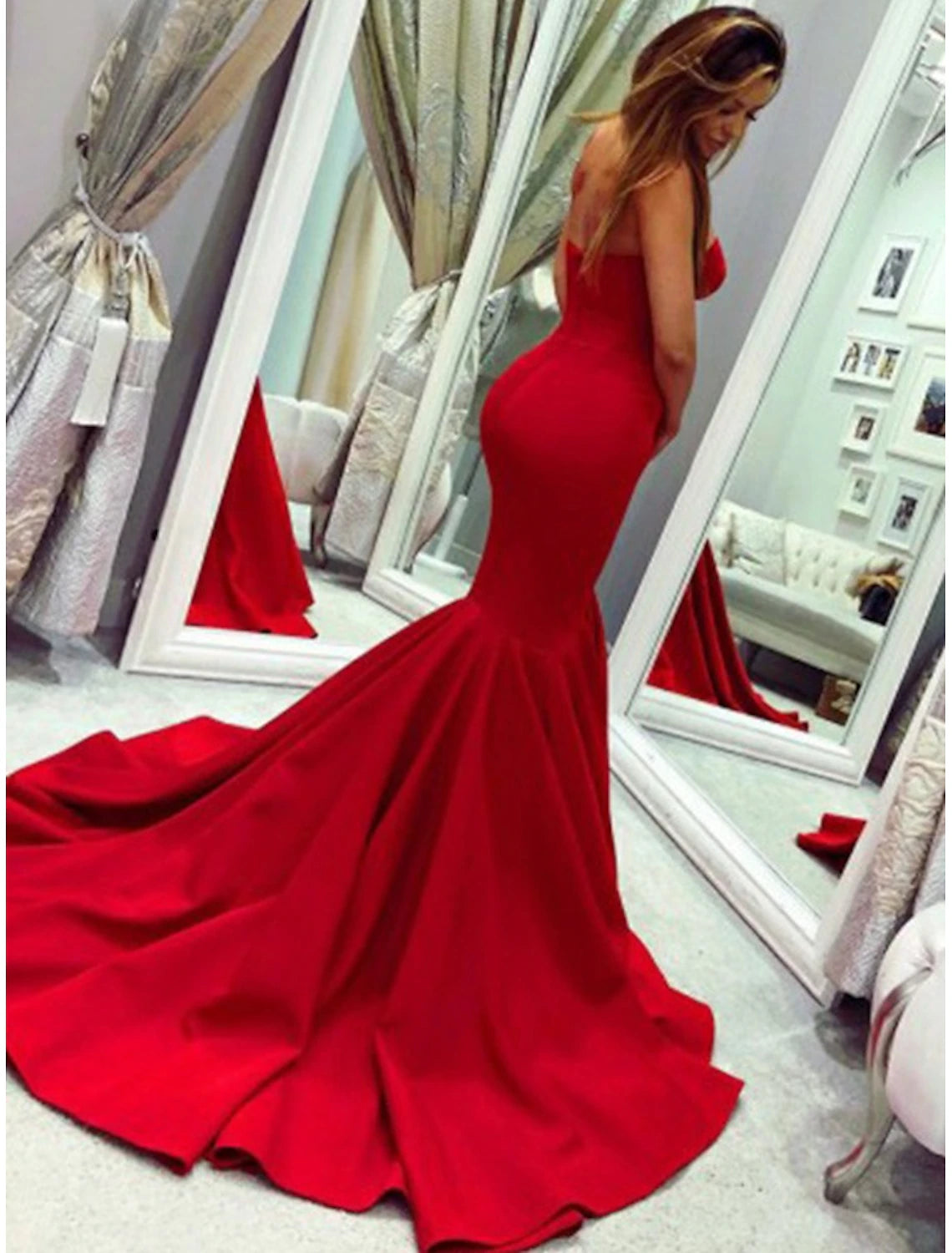 Sheath Mermaid Sleeveless Party Dress Sexy  Dress Strapless  Court Train Stretch Fabric with Pleats