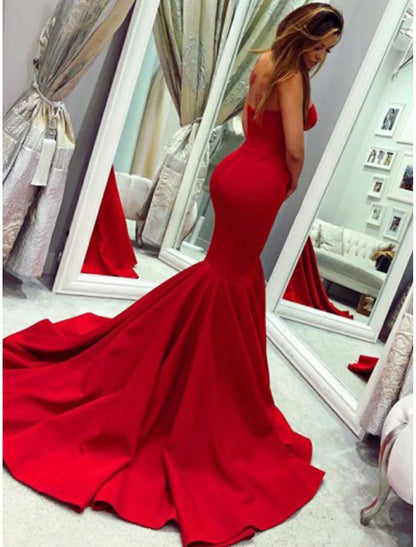 Sheath Mermaid Sleeveless Party Dress Sexy  Dress Strapless  Court Train Stretch Fabric with Pleats