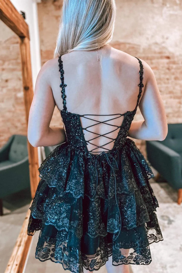 Tulle Sequin Lace-Up Tiered Short Gown