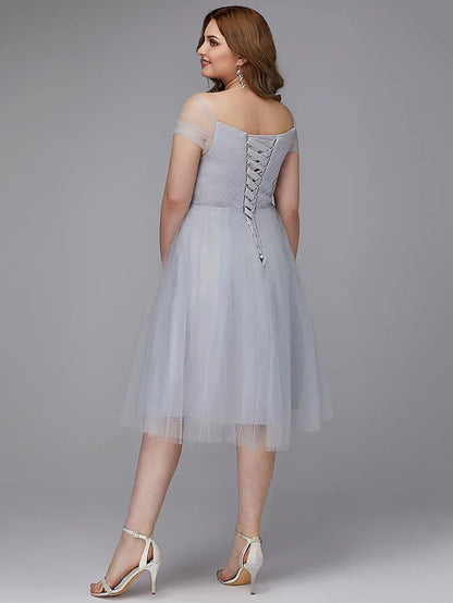 A-Line Elegant Dress Wedding Guest Tea Length Short Sleeve Off Shoulder Tulle with Sash / Ribbon Criss Cross