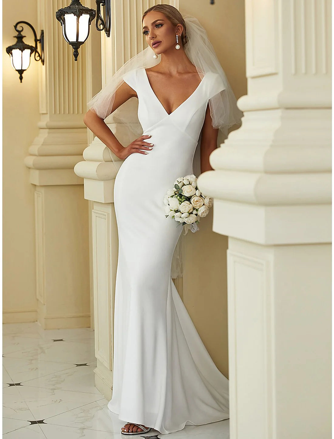 Mermaid / Trumpet V Neck Cap Sleeve Sweep / Brush Train Stretch Fabric Bridal Gowns With Draping Solid Color Wedding Dresses&Bridal Dresses
