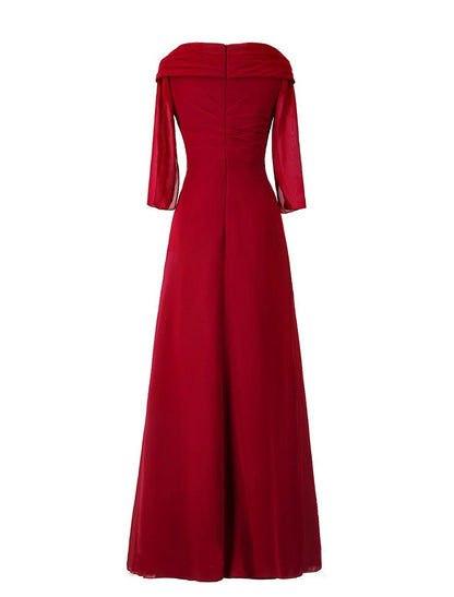 A-Line Minimalist Elegant Wedding Guest Formal Evening Dress V Neck Half Sleeve Floor Length Chiffon with Draping Appliques