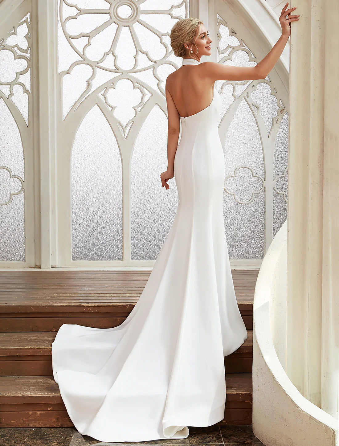 Charming Bridal Shower Casual Open Back Wedding Dresses Court Train Sheath / Column Regular Straps Halter Satin With Pleats Bridal Gowns