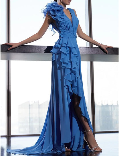 A-Line Floral Dress Sleeveless V Neck Wedding Guest Chiffon with Ruffles Shoulder Flower