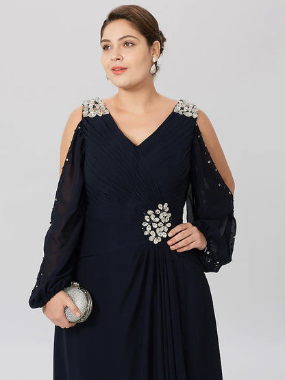 A-Line Mother of the Bride Dress Plus Size Elegant Jewel Neck Ankle Length Chiffon Half Sleeve with Ruffles Side-Draped
