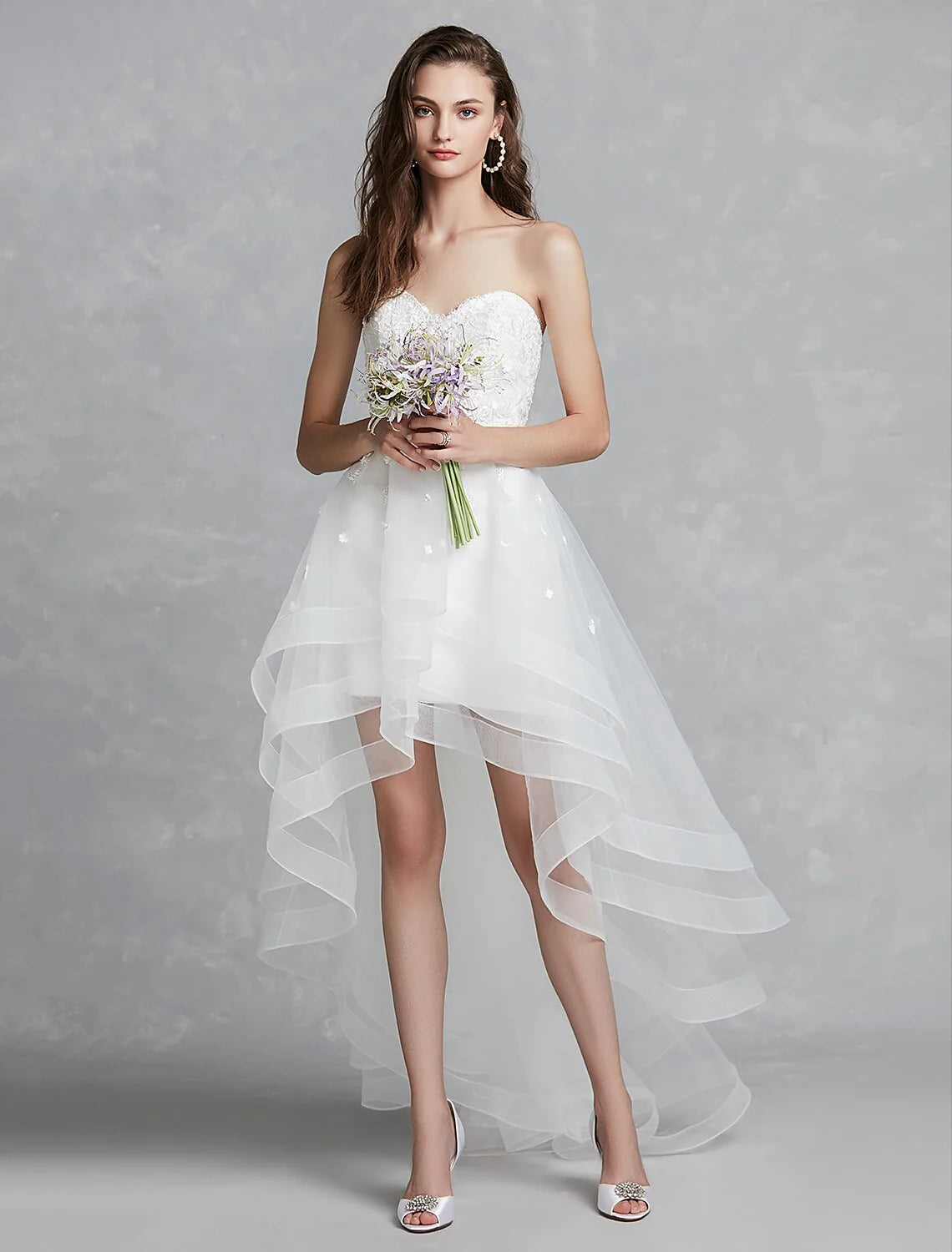 Wedding Dresses A-Line Sweetheart Strapless Asymmetrical Lace Bridal Gowns With Appliques