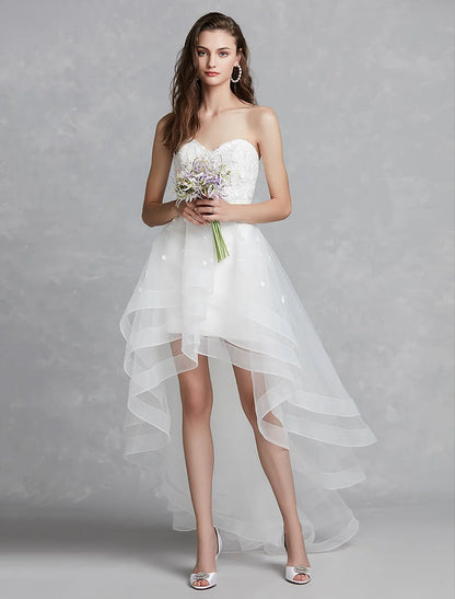 Wedding Dresses A-Line Sweetheart Strapless Asymmetrical Lace Bridal Gowns With Appliques