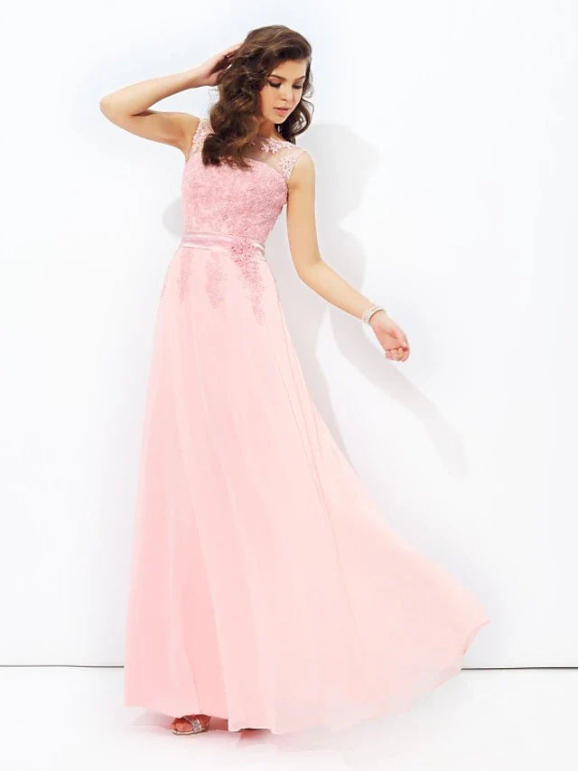 A-Line Prom Dresses Formal Floor Length Sleeveless Jewel Neck Chiffon with Appliques