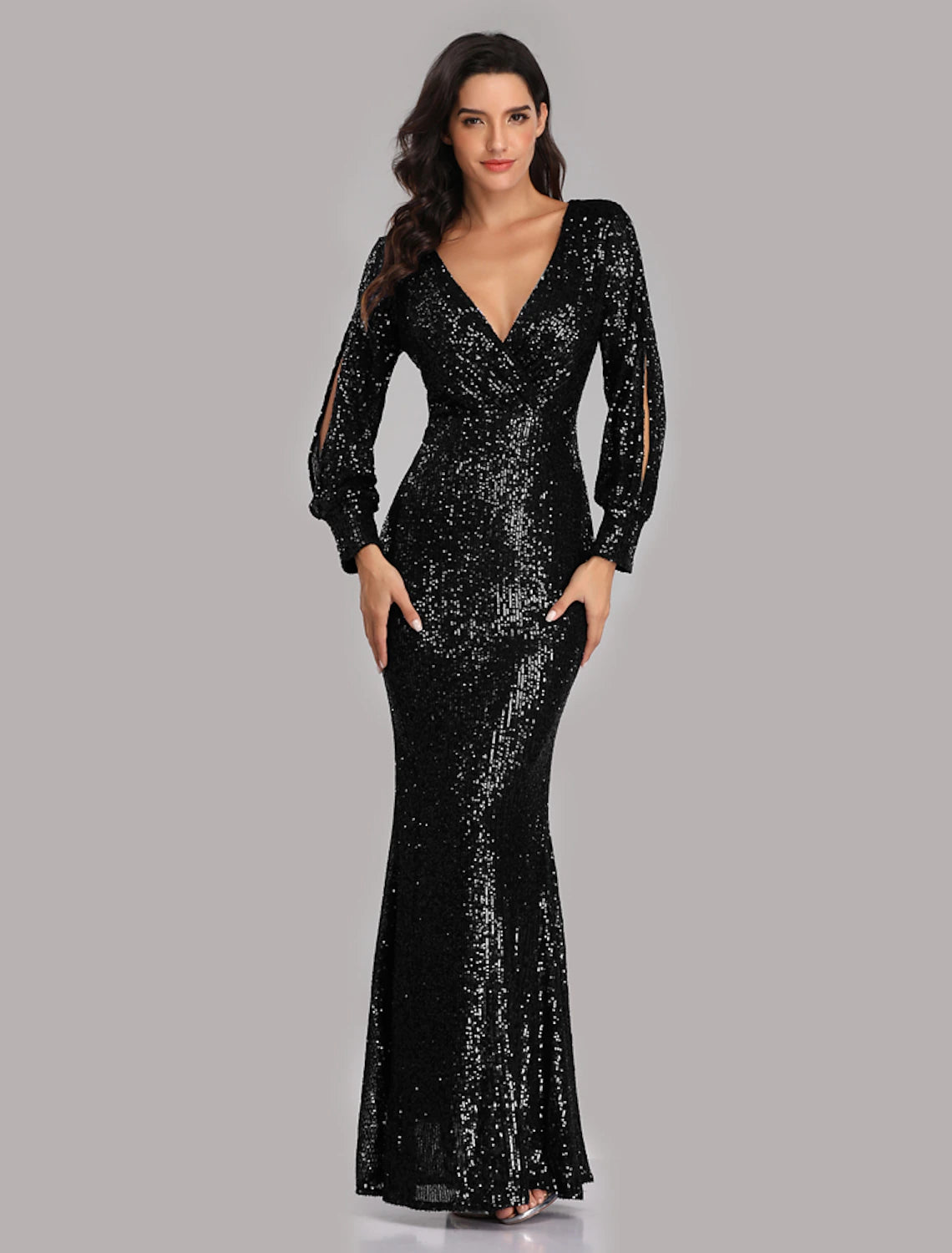 Sheath Mermaid V Neck  Evening Gown Sleek Glitter Sparking Sequins  Floor Length Long Sleeve  Party Dress  Prom Dress