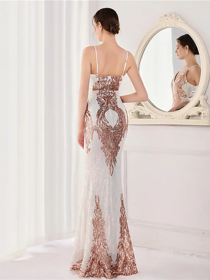 Mermaid / Trumpet Evening Gown Elegant Dress Wedding Guest Floor Length Sleeveless Spaghetti Strap Sequined V Back with Sequin