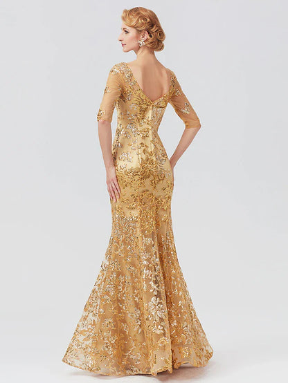 Mermaid / Trumpet Mother of the Bride Dress Elegant Sparkle & Shine V Neck Floor Length Tulle Sequined Half Sleeve with Sequin