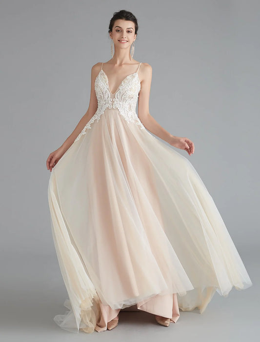 A-Line Prom Dresses Beautiful Back Dress Wedding Guest Sweep / Brush Train Sleeveless V Neck Lace with Beading