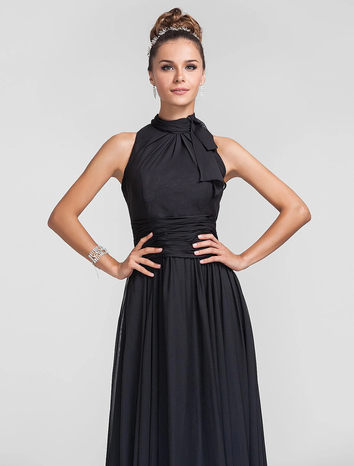 Sheath / Column Bridesmaid Dress High Neck Sleeveless Vintage Inspired Floor Length Chiffon with Ruched / Cascading Ruffles