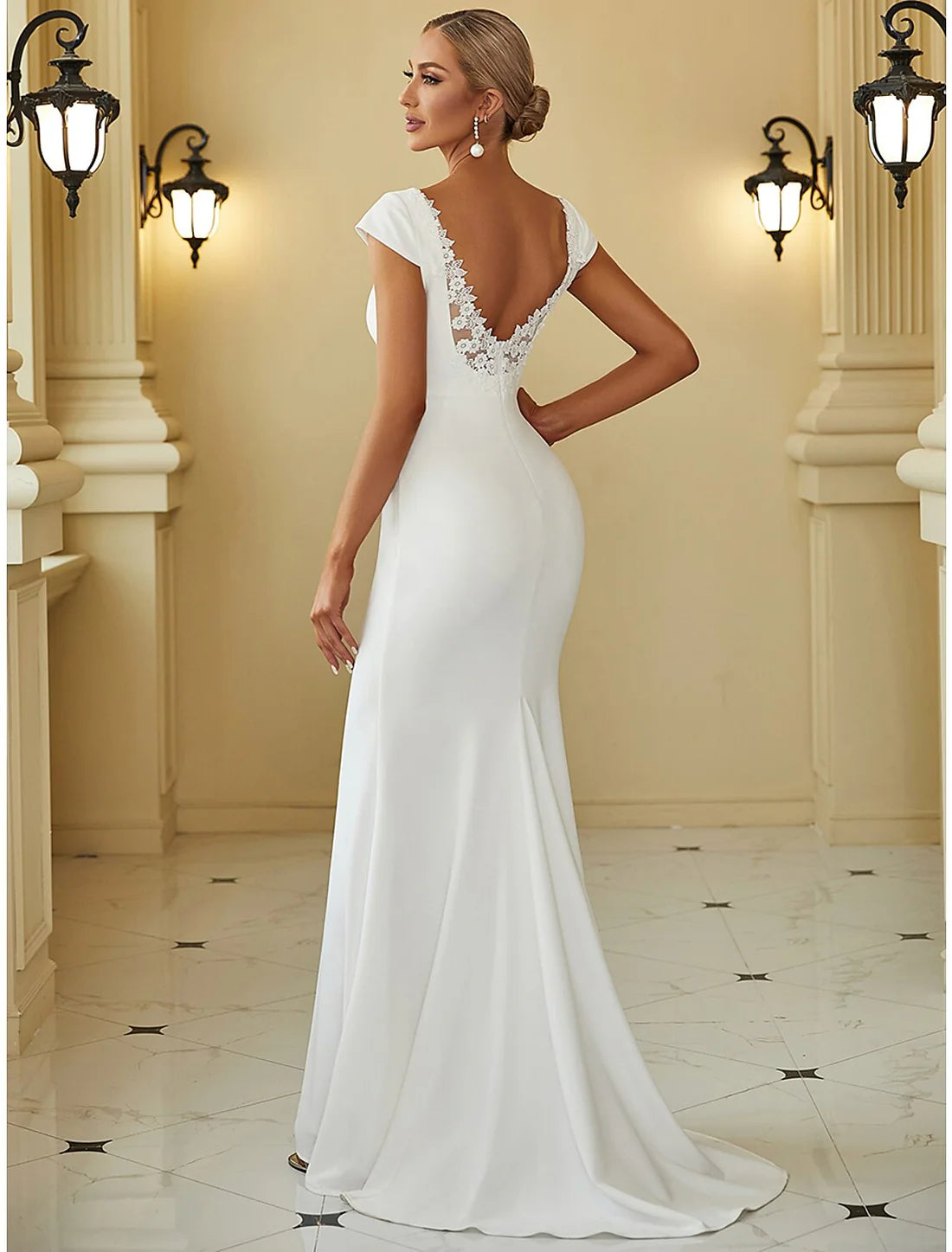 Mermaid / Trumpet V Neck Cap Sleeve Sweep / Brush Train Stretch Fabric Bridal Gowns With Draping Solid Color Wedding Dresses&Bridal Dresses