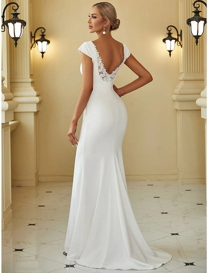 Mermaid / Trumpet V Neck Cap Sleeve Sweep / Brush Train Stretch Fabric Bridal Gowns With Draping Solid Color Wedding Dresses&Bridal Dresses
