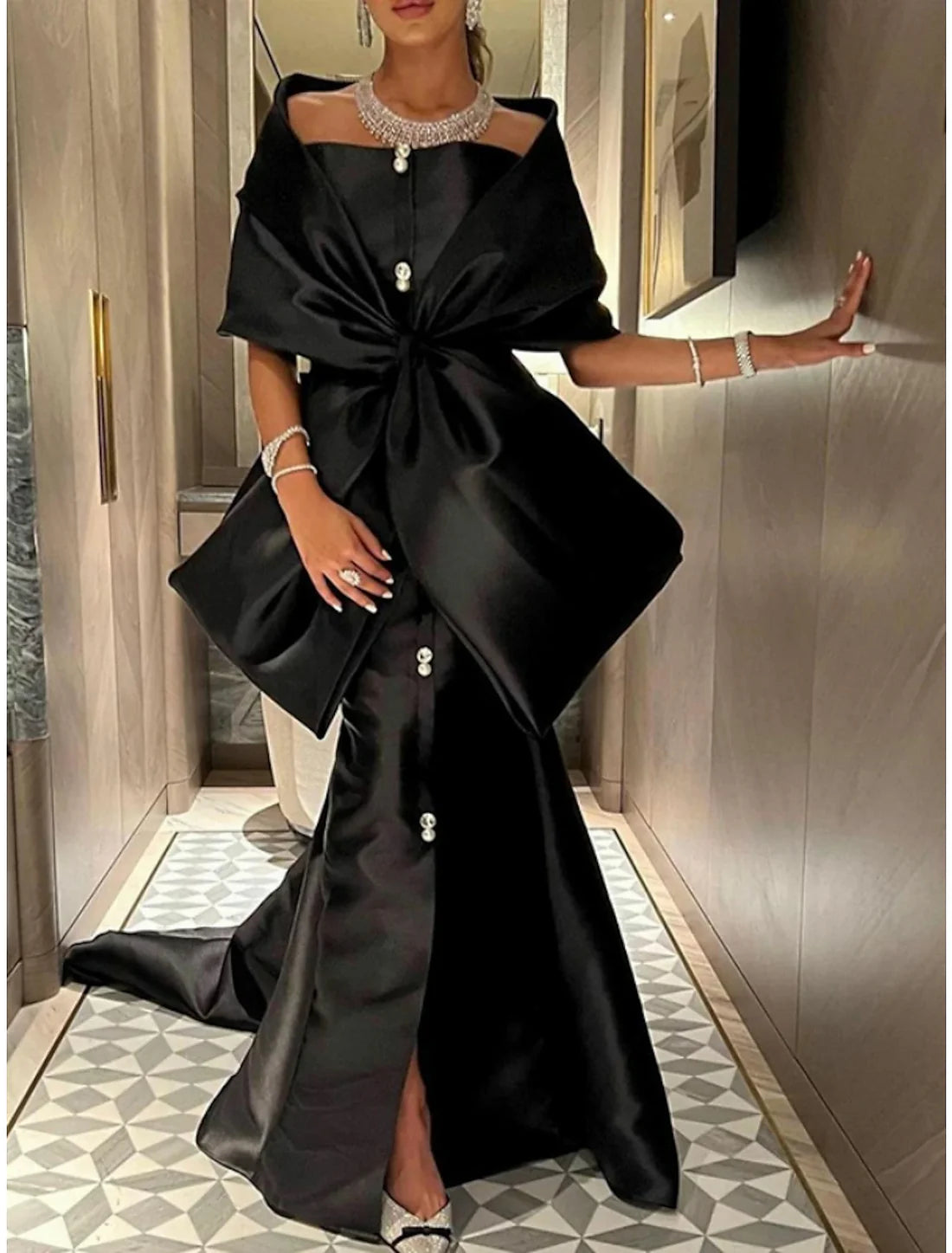 Mermaid Evening Gown Black Dress Elegant Dress Formal Court Train Half Sleeve Off Shoulder Satin with Bow(s) Slit